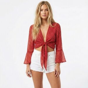 Urban Outfitters Red Star Print Tie Front Crop Top M Bell Sleeve Boho Festival